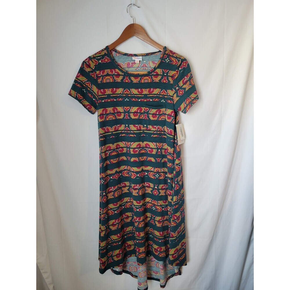 LuLaRoe‎ Carly XS Dress Teal Red Yellow Pattern Short Sleeve High Low Hem Pocket